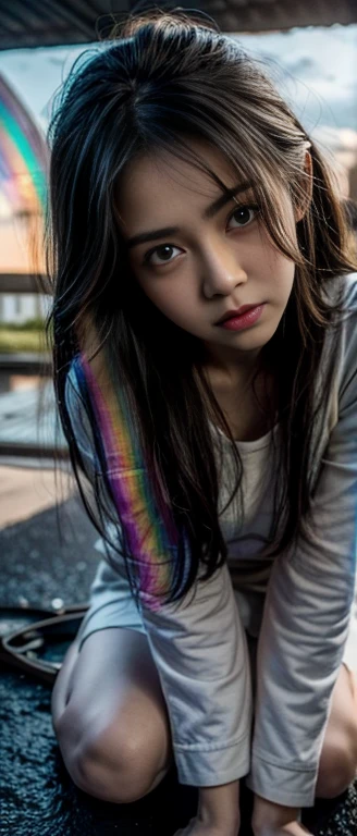 Beautiful girl with dirty skin, Messy long hair, big eyes,Have dark circles, Drugged, Dilated pupils, ruined clothes, sit on the floor,There are puddles in the ground, Break the wall, There are dark clouds in the sky, {Unity Wallpaper Extremely Detailed 8k CG}, Expansive landscape photography, (Top view,Focus on the character and the sky above), (Broaden your horizons), (High Angle Shot), (emphasize: 1.3), ( Low light: 1.8), (Warm light source: 1.3), Intricate details, (Rainbow Colors: 1.6), (Bright Lights), (Atmospheric lighting), Abstract, Surrealism, Dramatic