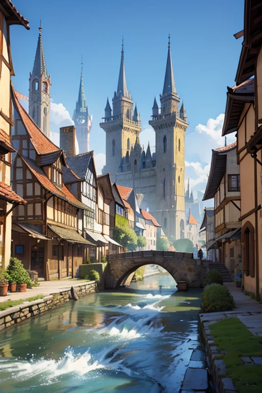 Fantasy medieval city, full of towers, crossed by a river, large market square