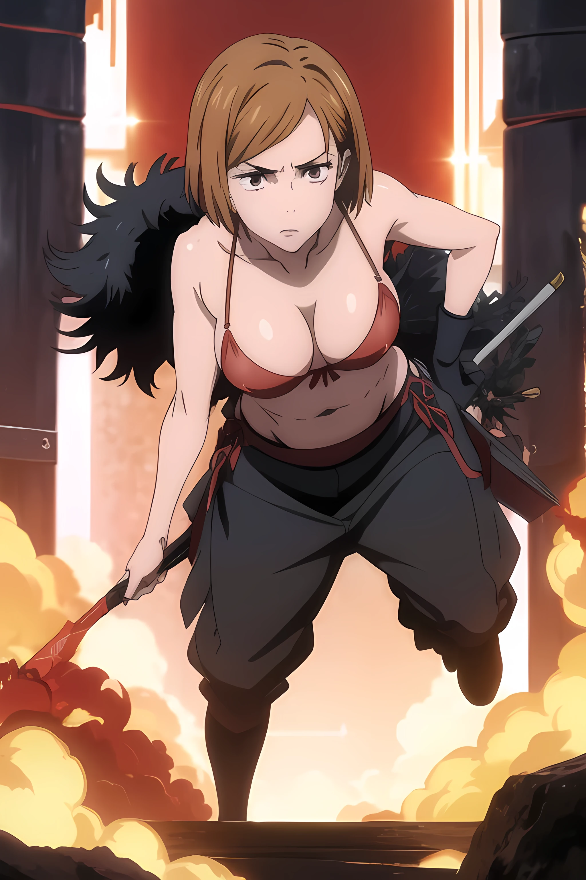 (extremely detailed CG unity 8k wallpaper), (masterpiece), (best quality), (ultra-detailed), (best illustration), (best shadow), (absurdres), 1girl, solo, pefrect face, perfect eyes, large breasts, shining breasts, standing, sfw, safe, nobarakugisakinova, nobara from jujutsu kaisen, nobara, short hair, light brown hair, close the camera, red lace bikini, looking into view, standing