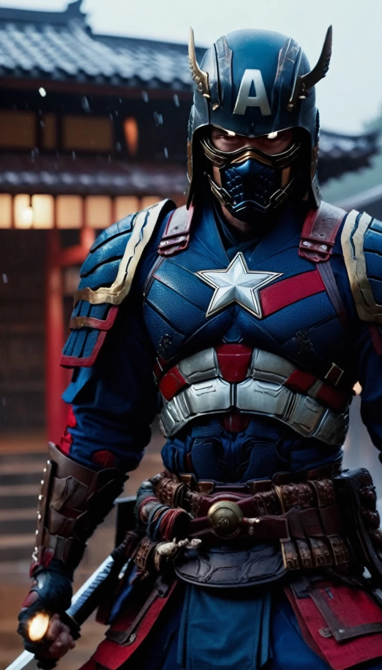 HD Portrait, 8K, a captain america transform to samurai, ((Kabuto)), Take a sword, in Ghost town, evening, Epic detailed, ultra sharp, intricate armor details, style, flash shot, ((horror scfi)), smog, rainy weather, dramatic lighting, The atmosphere looks real, Full body shot exposed, Front angle, Bokeh, Flash photography, cinematic, Hyper realistic, Professional