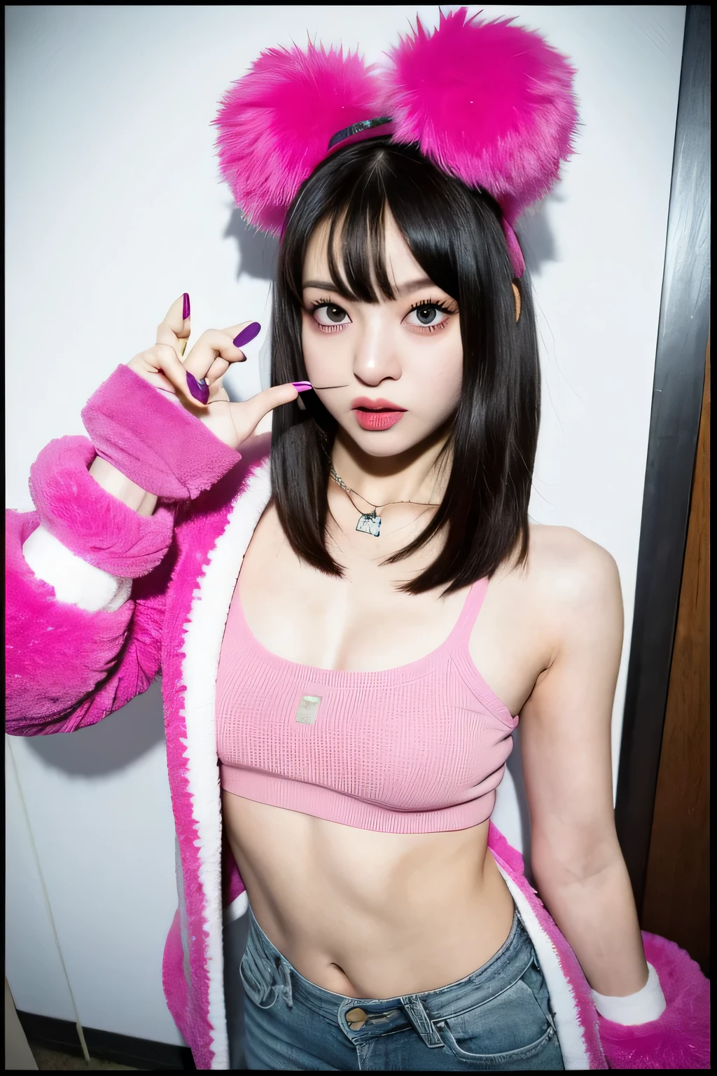 Uma garota coreana realista, dark hair blue eyes a pink top short jeans furry gloves and a candy in her hand, melhor qualidade