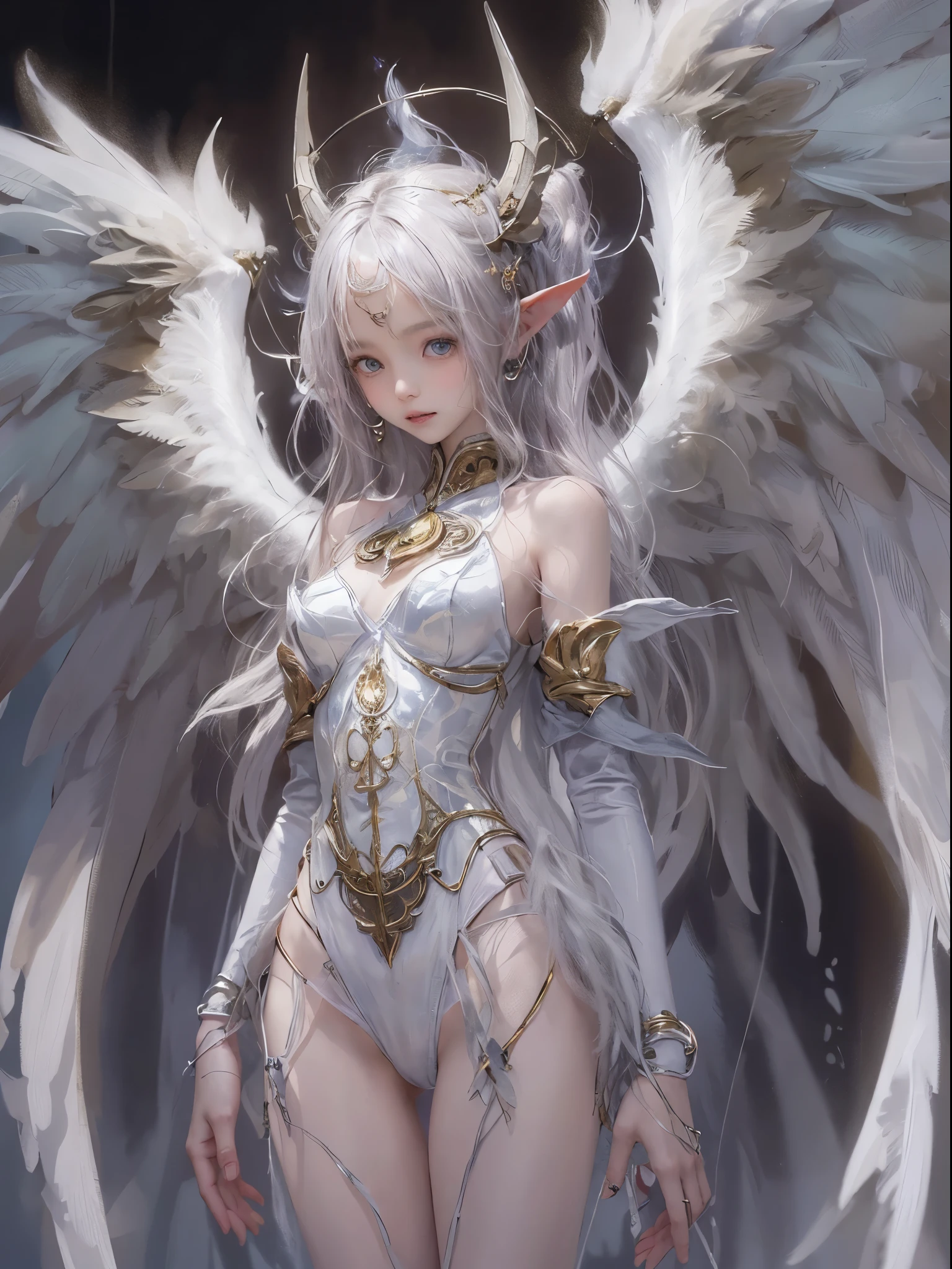 (white color concept:1.0),a girl like doll with angel wings, archdevil, nearly naked, thin body, skinny, small breasts, flat chest, (dynamic pose:1.2), thin body, tiny tits, from the navel up, from below, devil crown, dragon horn, looking down at camera, (no hands),(Highest quality authentic textured skin),(Fine, Round, Symmetrical eyes),Delicate facial features,(Burning bright and cold eyes), very slim and thin body, naked, nude, (She has a mischievous sadness on her face),metal earrings on the ears,A messy painting，(Hair flows in air:1.5),,(Surrounded by black feathers),Epic realism,Cinematic feeling,(high-density imaging review:1.5),Ultra detailed,Dramaticlight,(intricately details:1.1), complex background, fractal background,(fangs:1.2),smile