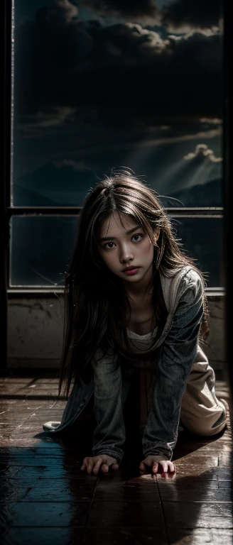 Beautiful girl with dirty skin, Messy long hair, big eyes，Have dark circles, Drugged, Dilated pupils, ruined clothes, sit on the floor，There are puddles in the ground, Break the wall, There are dark clouds in the sky, {Unity Wallpaper Extremely Detailed 8k CG}, Expansive landscape photography, (Top view，Focus on the character and the sky above), (Broaden your horizons), (High Angle Shot), (emphasize: 1.3), ( Low light: 1.8), (Warm light source: 1.3), Intricate details, (Bright Lights), (Atmospheric lighting), Abstract, Surrealism, Dramatic