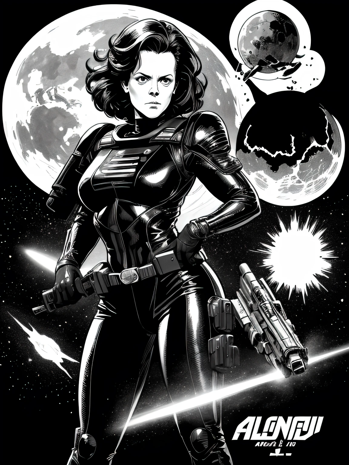 giant alien monster on the planet inside the spaceship Sigourney Weaver she using a huge gun to kill alien,explosion,ela pilotando nave espacial Bela arte de linha, black and white comic style, manga art style, pencil and ink caricature drawing, black and white coloring,arte vector preto e branco