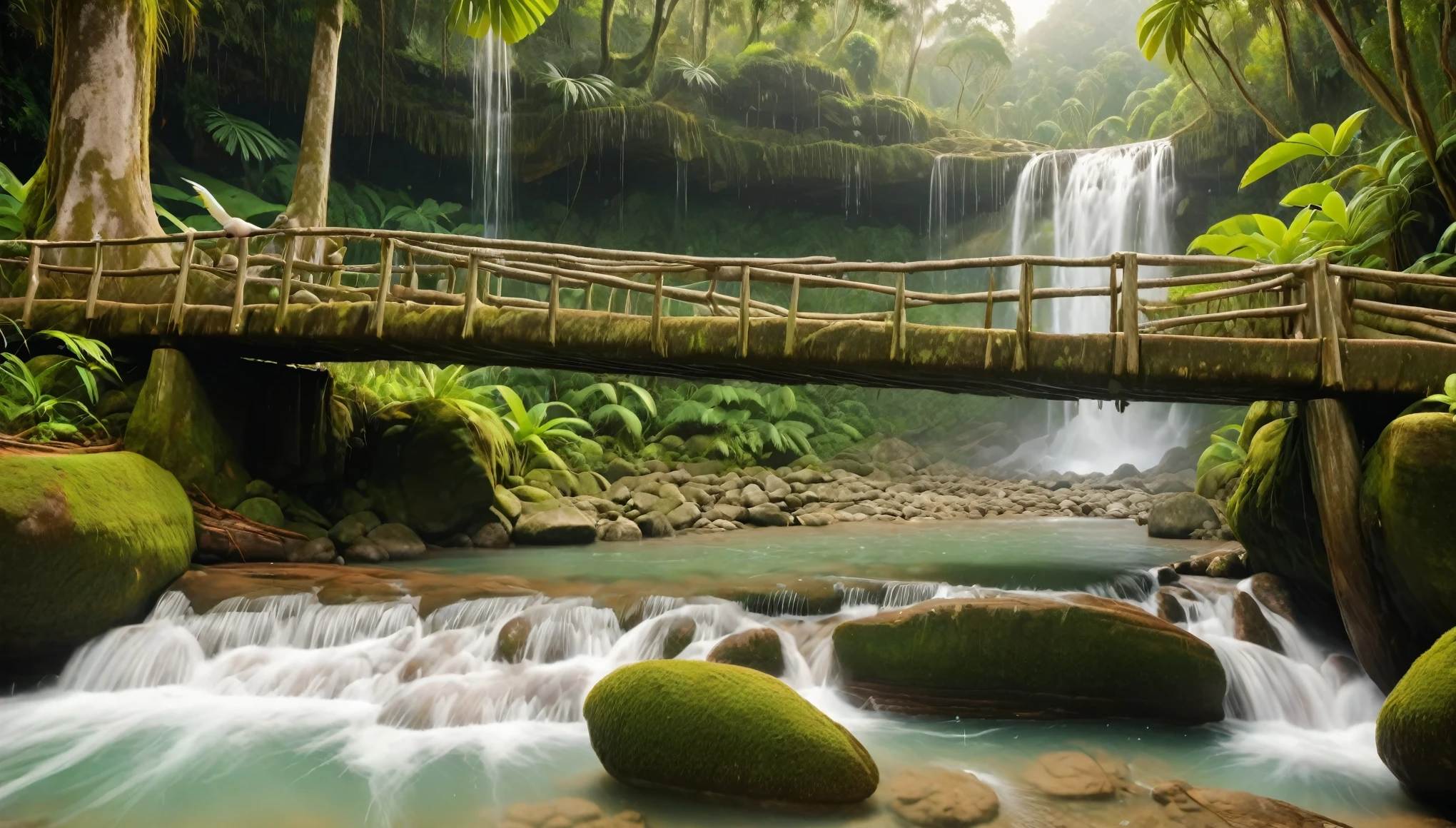 A rustic wooden bridge in front of a tall, cascading waterfall set in a lush, tropical rainforest. The scene is misty with sunlight filtering through the dense canopy above. The environment is rich with green foliage and moss-covered rocks, and the atmosphere feels cool and refreshing. The bridge appears worn and natural, made from logs and planks, adding a sense of adventure and exploration. (Birds flying overhead:1.6) and (monkeys swinging in the trees:1.6). (Animals drinking the water from the shore:1.5). (Some animals enjoying a swim in the water:1.5). The overall scene should capture a sense of excitement, nature, and tranquility. hyper realistic, vibrant colors, 8k