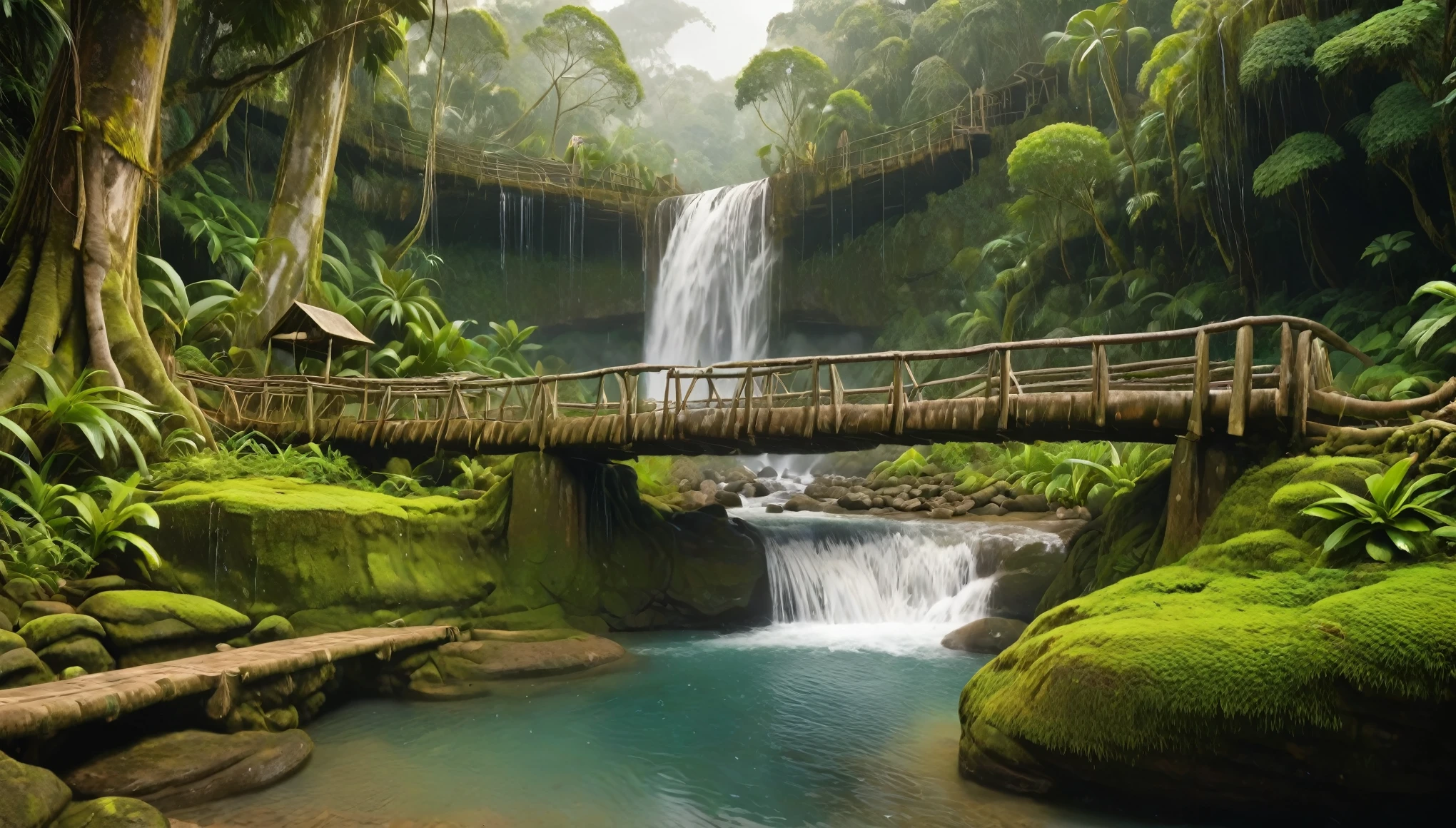 A rustic wooden bridge in front of a tall, cascading waterfall set in a lush, tropical rainforest. The scene is misty with sunlight filtering through the dense canopy above. The environment is rich with green foliage and moss-covered rocks, and the atmosphere feels cool and refreshing. The bridge appears worn and natural, made from logs and planks, adding a sense of adventure and exploration. (Birds flying overhead:1.6) and (monkeys swinging in the trees:1.6). (Animals drinking the water from the shore:1.5). (Some animals enjoying a swim in the water:1.5). The overall scene should capture a sense of excitement, nature, and tranquility. hyper realistic, vibrant colors, 8k