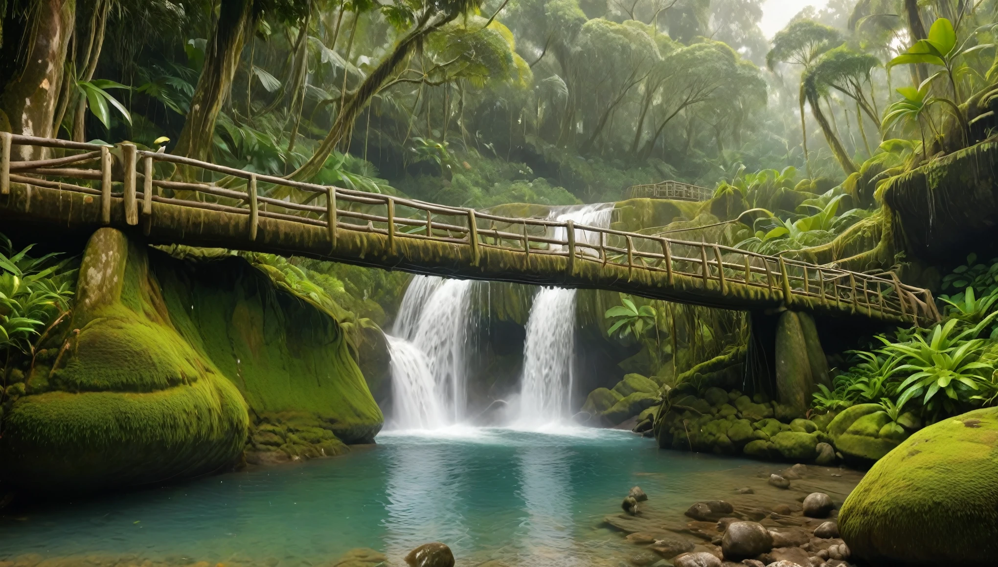 A rustic wooden bridge in front of a tall, cascading waterfall set in a lush, tropical rainforest. The scene is misty with sunlight filtering through the dense canopy above. The environment is rich with green foliage and moss-covered rocks, and the atmosphere feels cool and refreshing. The bridge appears worn and natural, made from logs and planks, adding a sense of adventure and exploration. (Birds flying overhead:1.6) and (monkeys swinging in the trees:1.6). (Animals drinking the water from the shore:1.5). (Some animals enjoying a swim in the water:1.5). The overall scene should capture a sense of excitement, nature, and tranquility. hyper realistic, vibrant colors, 8k