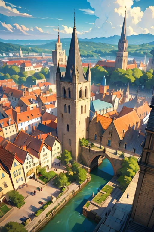 Fantasy medieval city, full of towers, crossed by a river, large market square, view from above
