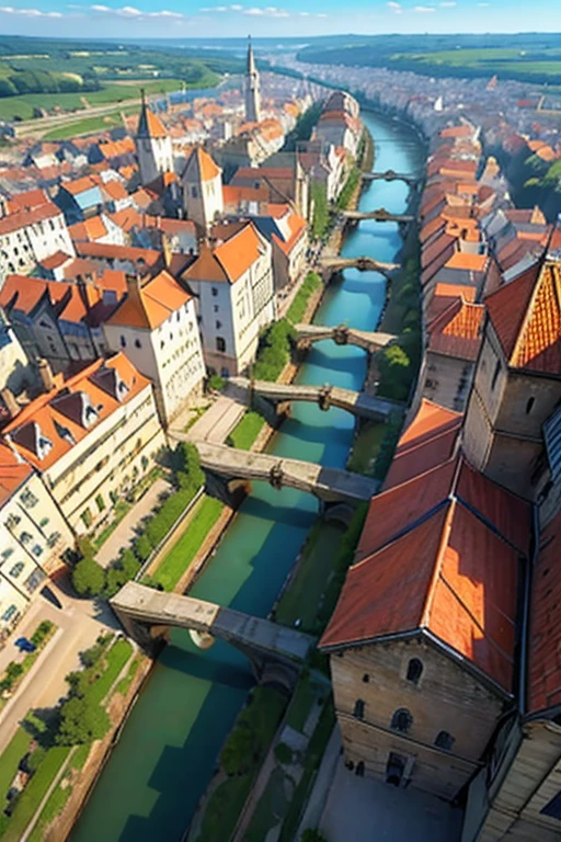 Fantasy medieval city, full of towers, crossed by a river, large market square, view from above