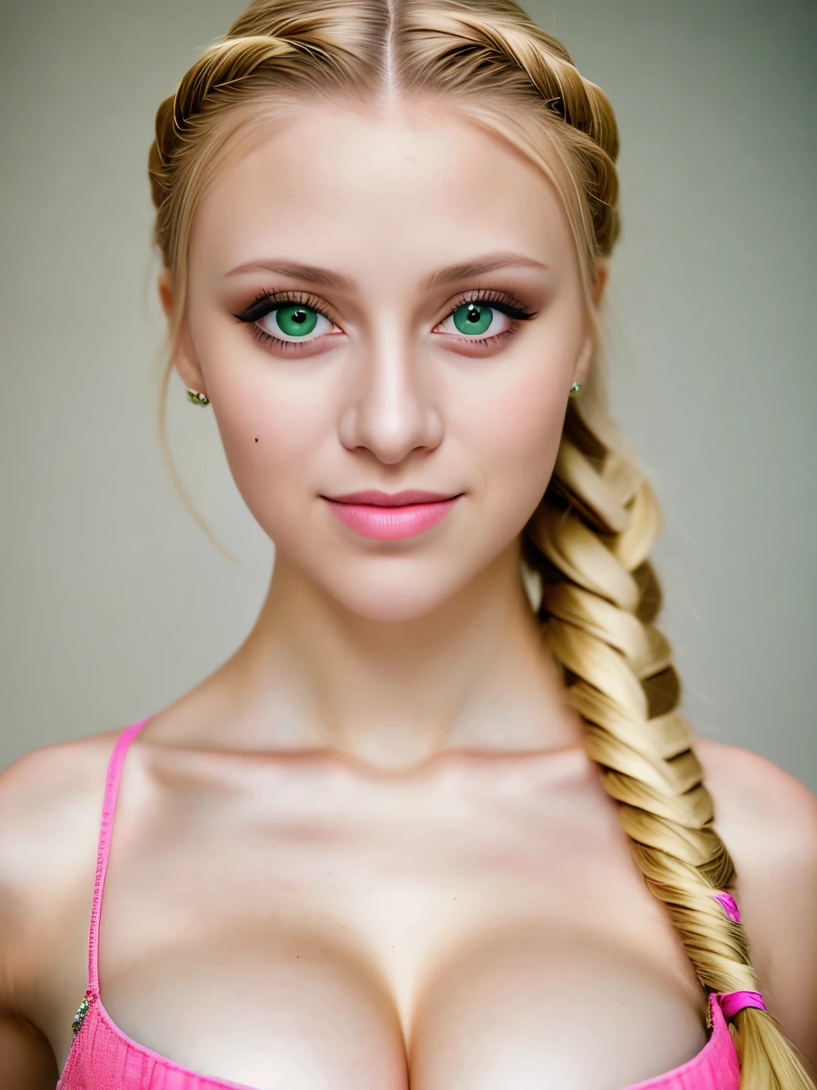 Photo of Ukrainian woman. Fits the face. 25 years old, sharp chin, raw photo, masterpiece, highly detailed photo, DSLR, photorealistic 3.9, ultra high resolution, top quality, pink lips, perfect makeup, big, bright green eyes, white