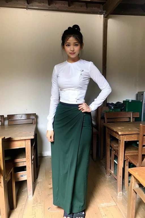 A school teacher is 30years old.Tall, thin, big hips, big breasts, black hair, small lips, brown eyes, attractive, K.Top=white Burmese blouse,With long sleeves,Buttoned at the side.Bottom=(Dark green) long skirt.
Footwear=female Burmese sandals,The hair is knotted bun.