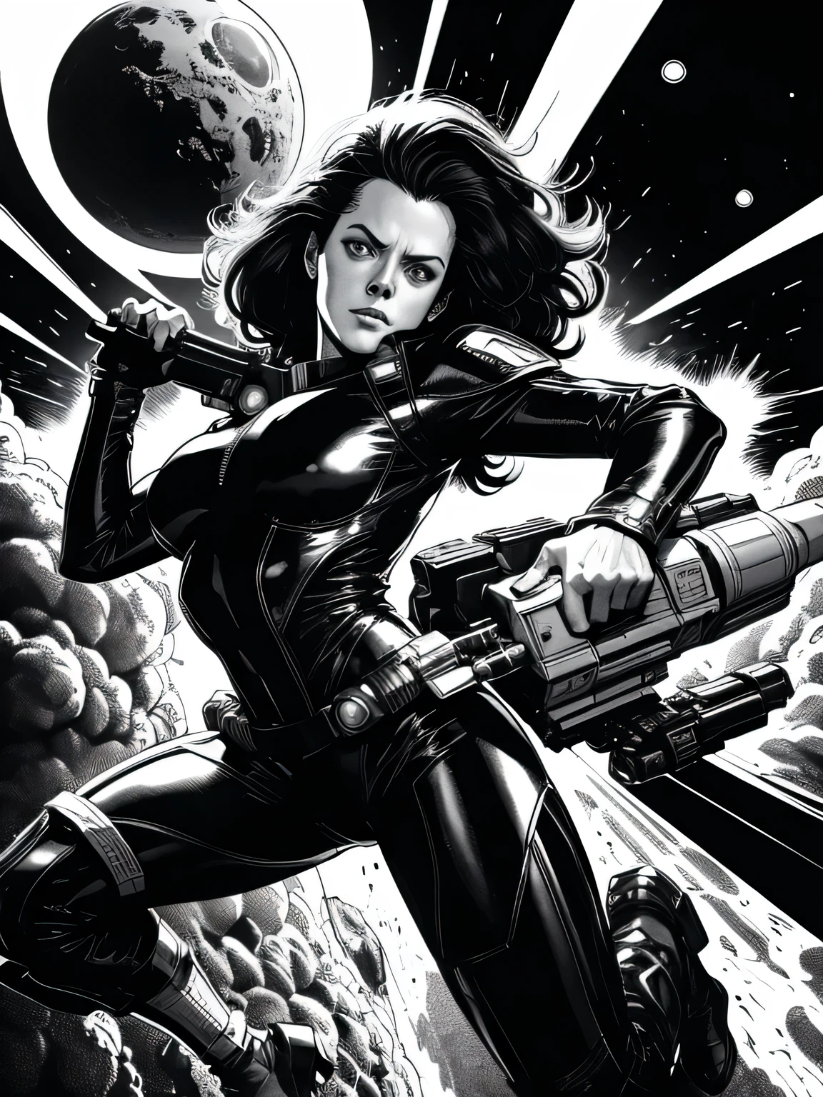 giant alien monster on the planet inside the spaceship Sigourney Weaver she using a huge gun to kill alien,explosion,ela pilotando nave espacial Bela arte de linha, black and white comic style, manga art style, pencil and ink caricature drawing, black and white coloring,arte vector preto e branco