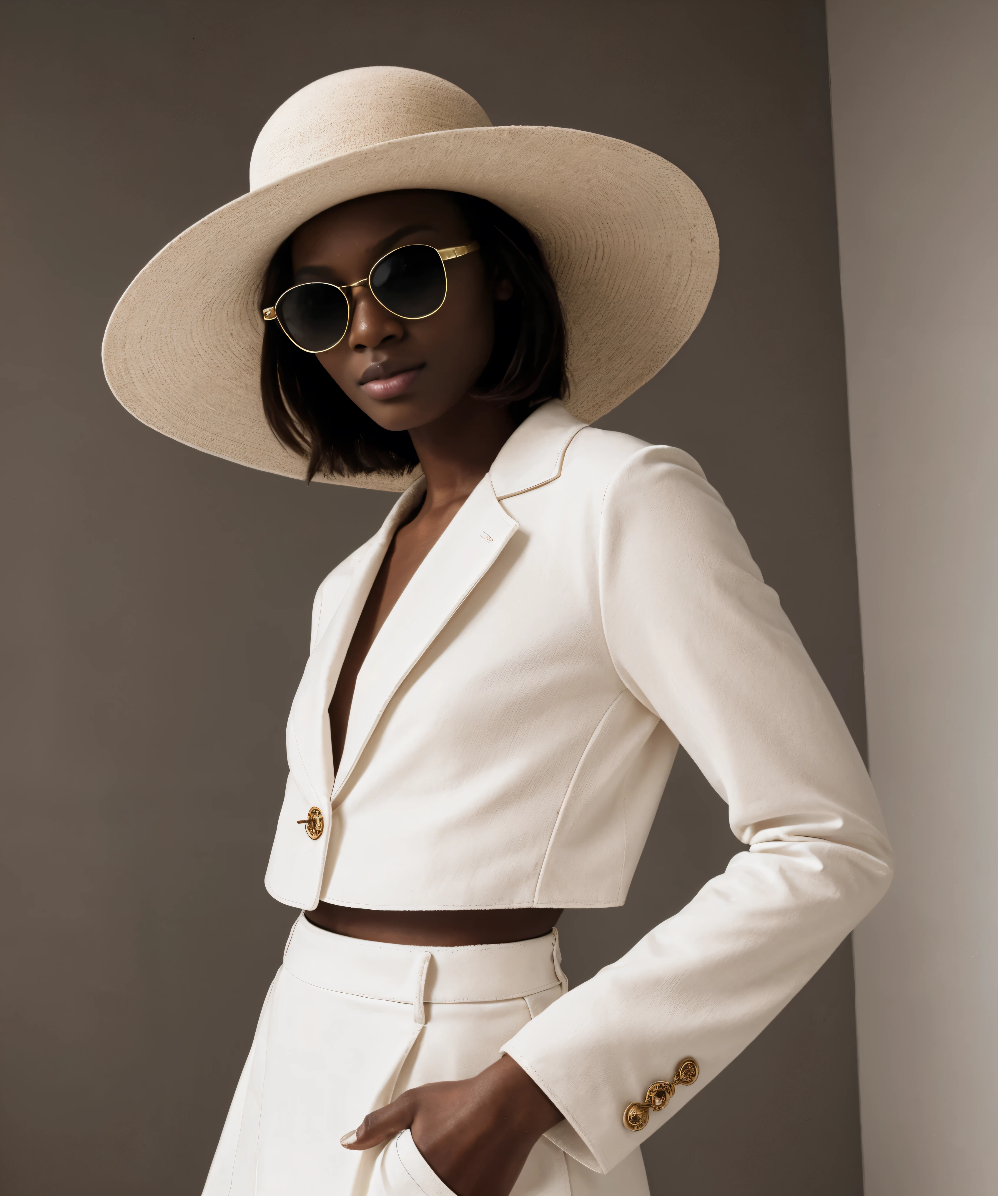 Trabalho de design de moda apresentando um (Chanel) female (nigeriano) modelo vestindo roupas femininas minimalistas, wearing a big hat and Chanel sunglasses, filmed in a Bauhaus building with bright, soft lighting, criativo, um estilo minimalista e elegante, with a sense of sophistication and high quality feel, linhas finas e detalhes intrincados, Anatomias realistas, nikon d800