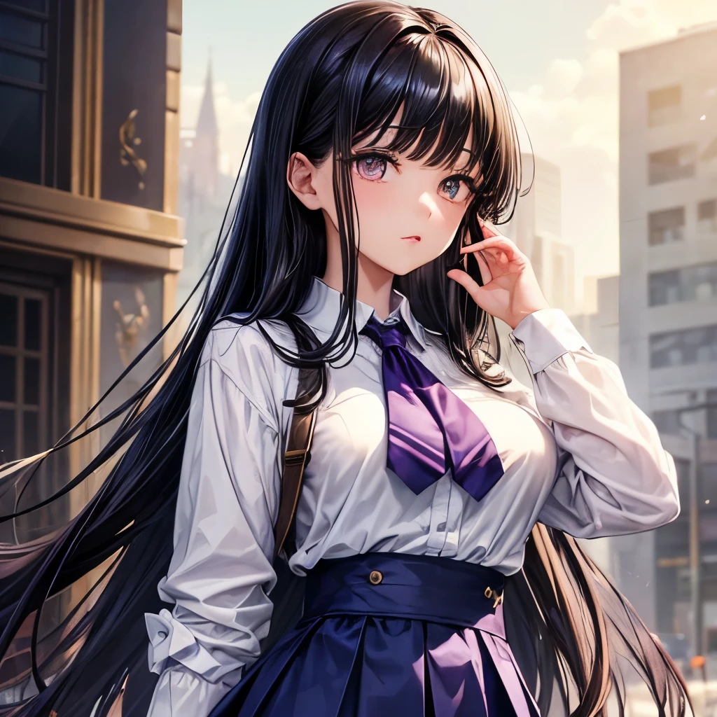((best quality)), ((masterpiece)), (detailed), perfect facea  famale character , black hair, slightly dark purple, hair has  bangs, golden eyes slightly  yellow.wearing a blue to purple skirt with straps which connects to the skirt, wearing a white long shirt . .her face is beautiful . not wearing a tie.  