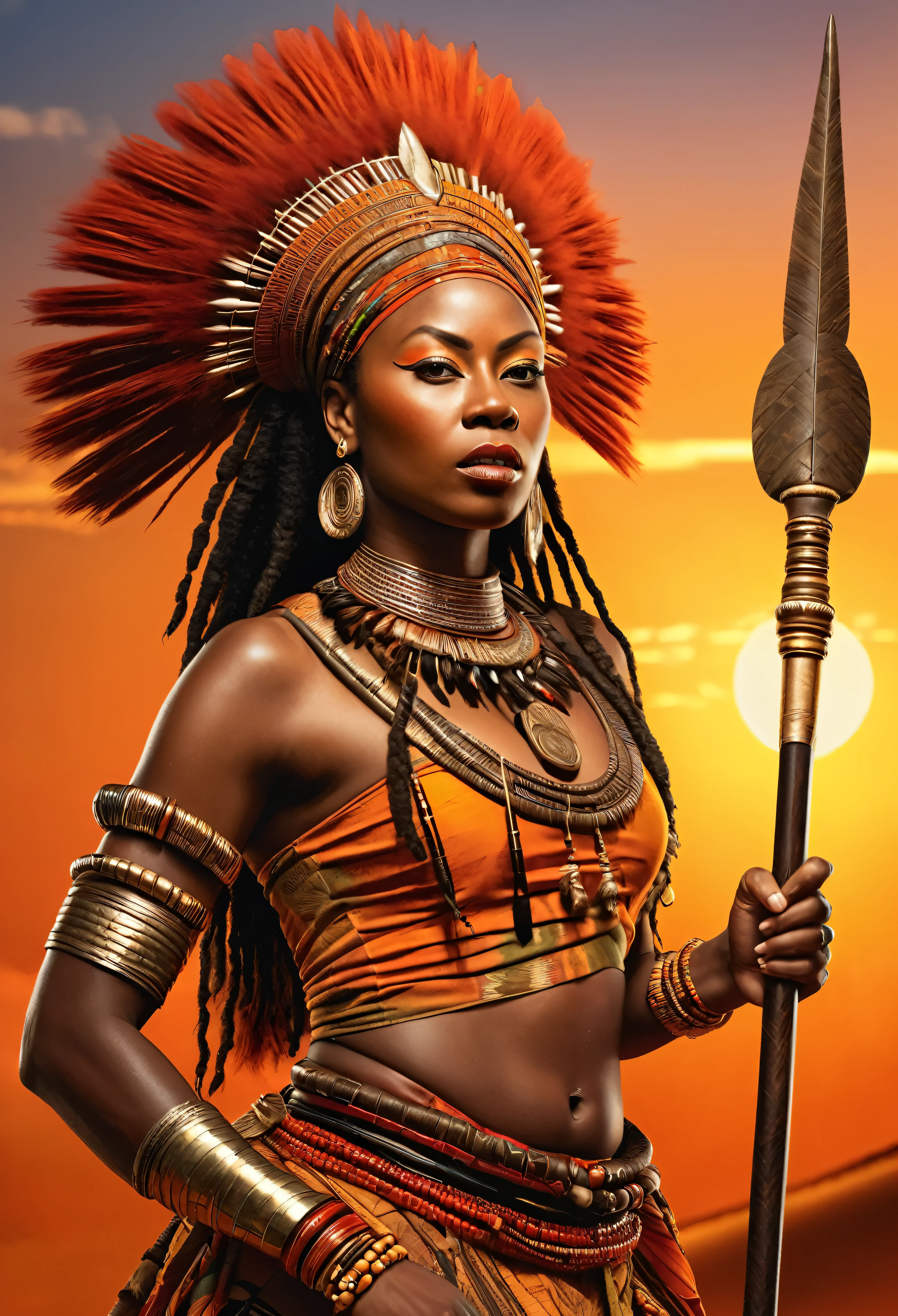 (masterpiece, UHD, highly detailed, hyper realistic skin, Queen Nzinga, (17th-century African warrior attire:1.2), adorned with tribal jewelry, fierce expression, wielding a spear, African savannah background, setting sun, (warm hues of orange and red:1.2), detailed textures, rich colors, imposing presence, full body view, looking at viewer.