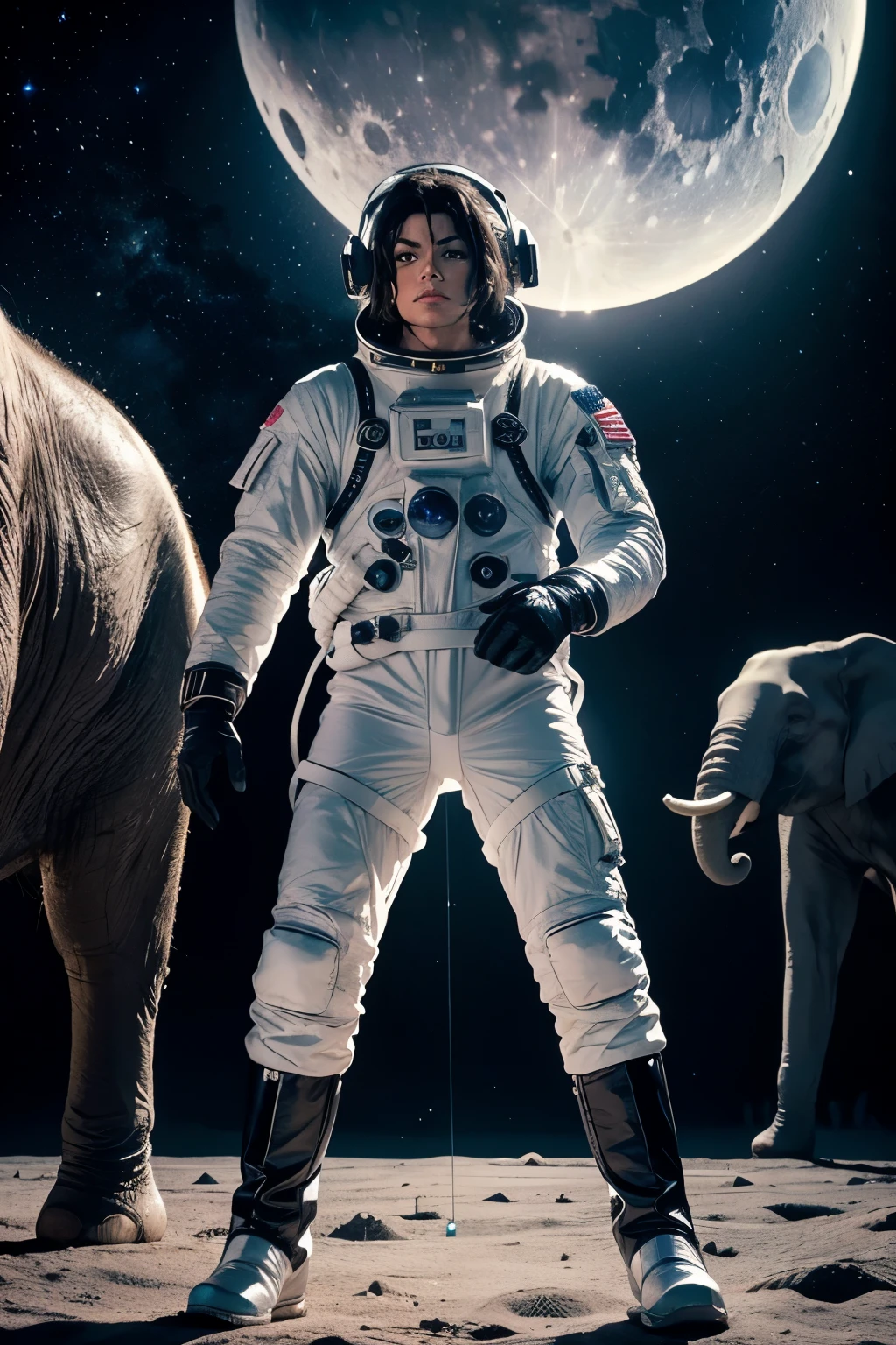 Michael Jackson, Clad in an Astronaut Helmet, Dancing on the Moon atop a Galactic Elephant

High Quality, Ultra-Resilient, Masterpiece: 1.5
Michael Jackson, iconic pop star, floating in zero gravity while wearing an astronaut helmet, dancing on the moon atop a large, luminescent elephant from outer space, his signature sequined glove and moonwalk boots gleaming. Galactic backdrop, stars twinkling, celestial bodies visible in the distance. Detailed texture, realistic lighting, and exceptional level of detail in both subject and environment. 3D Octane rendering, ray tracing, super detailing viewer,
