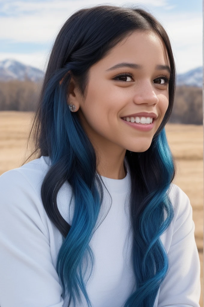 Jortega, atriz Jenna ortega, a photo of a beautiful woman, white long sleeve top, close up portrait, brown eyes, snow, sunny, bright, (smiling), (long hair, blue hair), posing for a picture, subject focus, striking a pose, perfect lighting, jewelry, makeup, 24mm, 4k textures, looking at viewer, making eye contact, realistic, 8k, dslr.