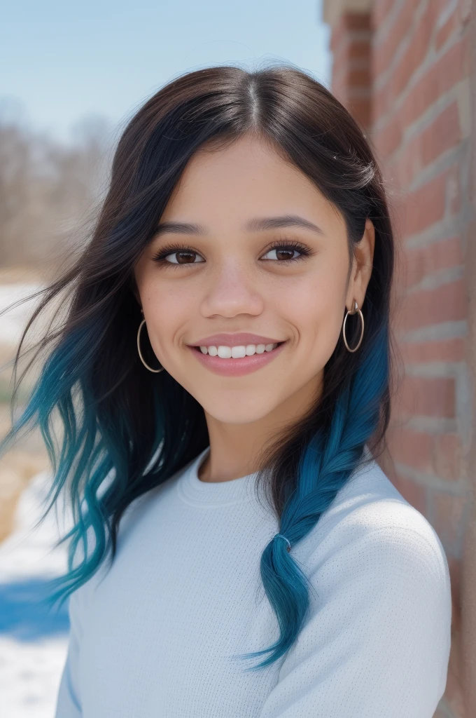 Jortega, atriz Jenna ortega, a photo of a beautiful woman, white long sleeve top, close up portrait, brown eyes, snow, sunny, bright, (smiling), (long hair, blue hair), posing for a picture, subject focus, striking a pose, perfect lighting, jewelry, makeup, 24mm, 4k textures, looking at viewer, making eye contact, realistic, 8k, dslr. 