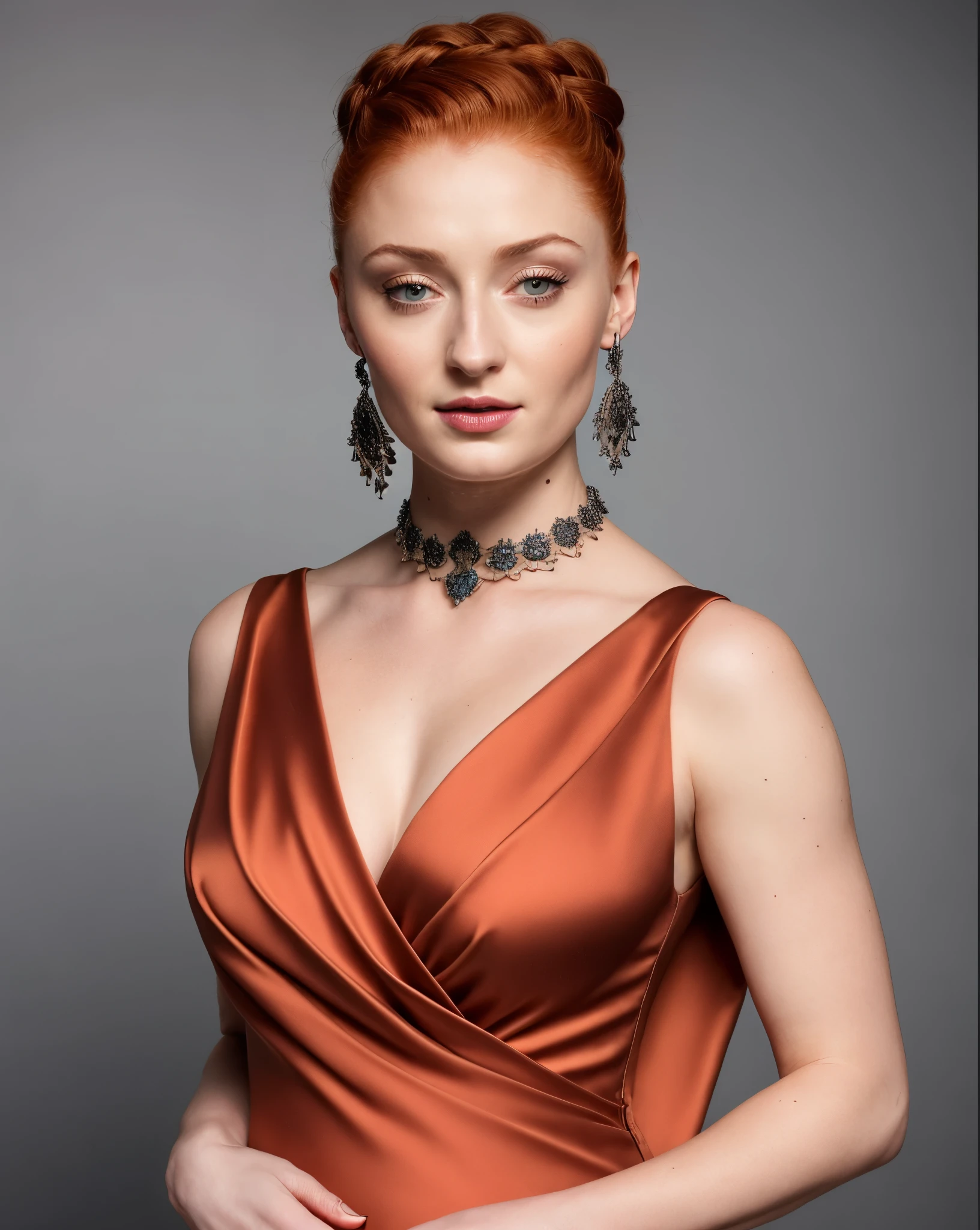 Face of Sophie Turner, Sansa Stark played by Sophie Turner, the de facto Lady of the Eyrie, is a 40-year-old mature queen with a stunning, alluring appearance. Full Face, pierced eyes, reddish lips, upper body shot, erotic Mediaeval costumes, game of thrones costumes, She wears a Game of Thrones-inspired costume and has a deep cleavage, a perfect thick body, and a perfect thick figure. The photograph captures her in a close-up, with her skin texture and facial features being ultra-realistic and realistic. Juicy thick figure, high quality skin, Skin pores, amazing details, snow, snow flakes, semi realistic, extremely detailed eyes, dark moody orange and black settings, cool environment, artificial intelligence