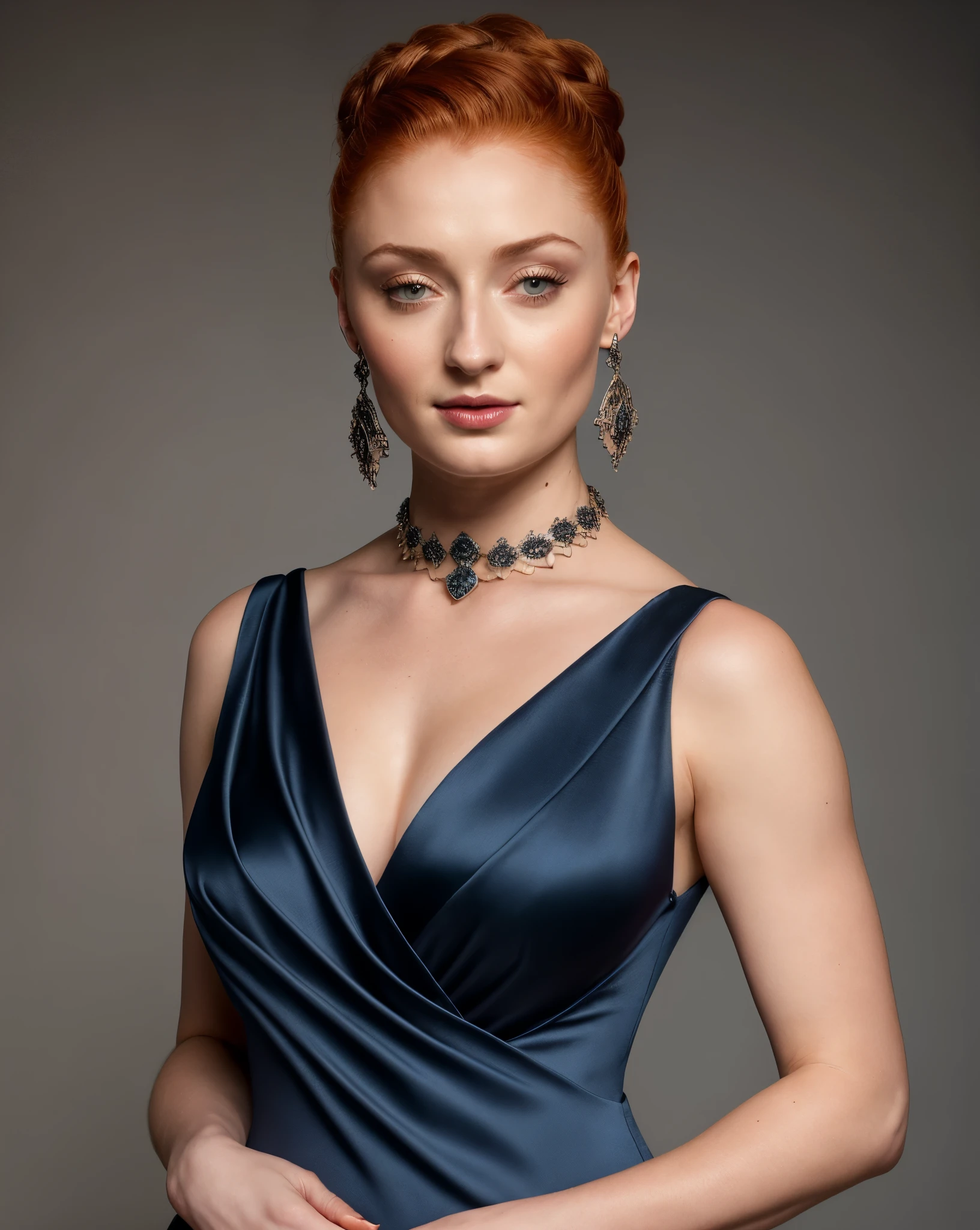 Face of Sophie Turner, Sansa Stark played by Sophie Turner, the de facto Lady of the Eyrie, is a 40-year-old mature queen with a stunning, alluring appearance. Full Face, pierced eyes, reddish lips, upper body shot, erotic Mediaeval costumes, game of thrones costumes, She wears a Game of Thrones-inspired costume and has a deep cleavage, a perfect thick body, and a perfect thick figure. The photograph captures her in a close-up, with her skin texture and facial features being ultra-realistic and realistic. Juicy thick figure, high quality skin, Skin pores, amazing details, snow, snow flakes, semi realistic, extremely detailed eyes, dark moody orange and black settings, cool environment, artificial intelligence