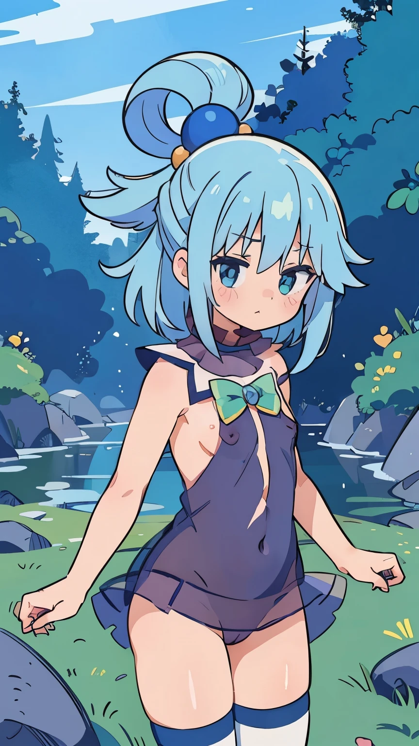 (a girl,masterpiece,8k,naked,choker,stockings, herself on the butt,pouting,looks at her chest, flat chest),(vivid colors,purple halo, blue hair, aqua from kinosuba, landscape,