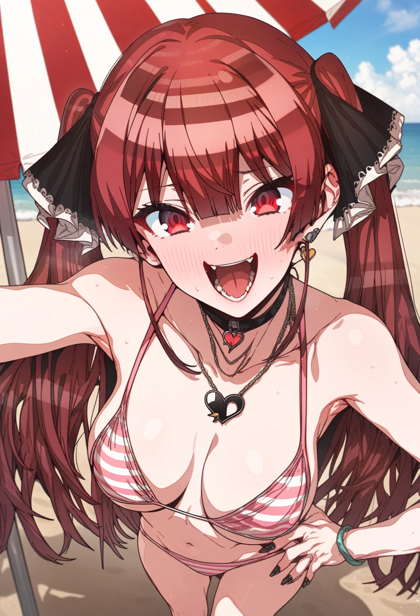 houshou_marine, Artist, erere, Copyrights, idolmaster, idolmaster_shiny_colors, Character, General, 1girl, red_hair, blunt_bangs, blush, large_breasts, breasts, smile, red_eyes, censored, long_hair, striped bikini, pink_bikini, frilled_bikini, navel, open_mouth, raised_eyebrows, teeth, two_side_up, (full_body) (standing in middle, beach_umbrella), sky, [detailed, sand, outdoors], looking_at_viewer, facing_viewer, masterpiece, best_quality, great_quality, girl, solo, center_composition, centered character, v_over_eye, hand_on_hip
