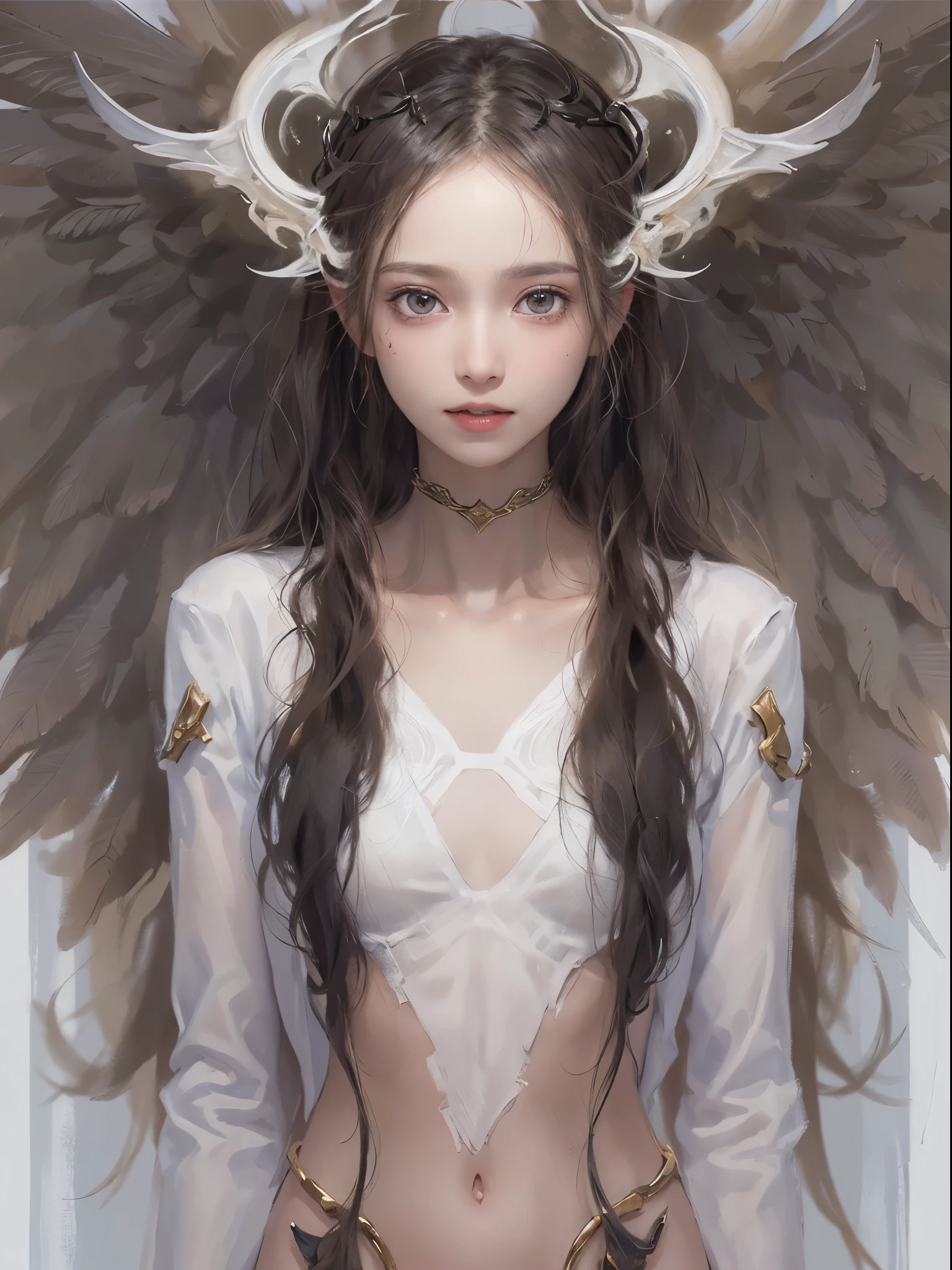 (white color concept:1.0),a girl like doll with angel wings, archdevil, nearly naked, thin body, skinny, small breasts, flat chest, (dynamic pose:1.2), thin body, tiny tits, from the navel up, from below, devil crown, dragon horn, looking down at camera, (no hands),(Highest quality authentic textured skin),(Fine, Round, Symmetrical eyes),Delicate facial features,(Burning bright and cold eyes), very slim and thin body, naked, nude, (She has a mischievous sadness on her face),metal earrings on the ears,A messy painting,(Hair flows in air:1.5),,(Surrounded by black feathers),Epic realism,Cinematic feeling,(high-density imaging review:1.5),Ultra detailed,Dramaticlight,(intricately details:1.1), complex background, fractal background,(fangs:1.2),smile