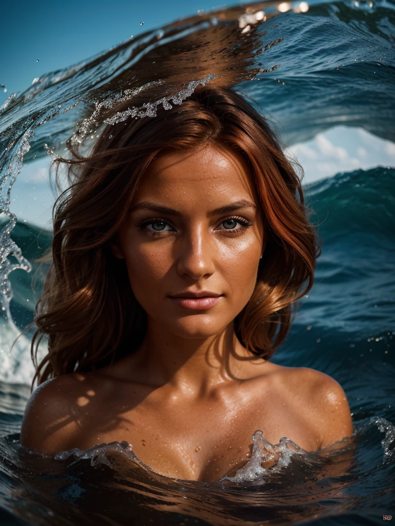 Highly detailed photograph of a dark tanned orange-haired European woman trapped in a wave of water. professional color modelshoot photo(highly detailed:1.1), hasselblad, dark film noir lighting, detailed, 8k, (god rays:0.8), (lens flare:0.8), film grain, bokeh, depth of field.