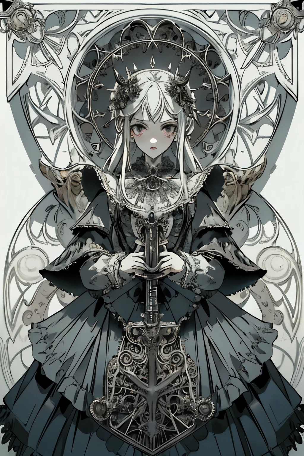 ((best quality)), ((masterpiece)), (detailed), blank white background, plain background, white background, Bloodborne inspired, occult aesthetic, occult, detailed and intricate steampunk and detailed gothic, (zentangle, mandala, tangle, entangle), NSFW, torn clothing, Very dramatic and cinematic lighting, cosmic horror, grim-dark, side-lighting, perfect face, a beautiful goddess adorned and enshrined in armour, Bloodborne inspired , occult aesthetic , occult , detailed and intricate steampunk and detailed gothic , wielding a sword and holding a shield, NSFW, Fluttering lace flared long knee length dress with frilly petticoats, knee length dress, pleated petticoats, lolita dress, petticoats gothic lolita, side-lighting, gothic lolita aesthetic, beautiful small breasts, small breasts, full body, whole body, body, plain background, white background, blank background, no background, white background NSFW, full body, whole body, head-to-toe