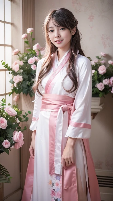 Extremely Detailed CG Unity 8k wallpaper,optimal lighting,super-detailed,best qality,Hi-Res,National style girl,pastel light,beautiful hair,Pink and white Hanfu costume,Open space,white silk,Bright Colors,He smiled,Stand in a sea of flowers