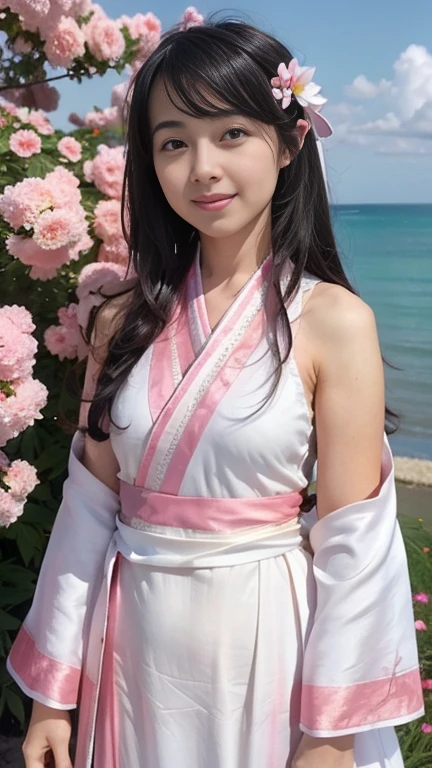 Extremely Detailed CG Unity 8k wallpaper，optimal lighting，super-detailed，best qality，Hi-Res，National style girl，pastel light，beautiful hair，Pink and white Hanfu costume，Open space，white silk，Bright Colors，He smiled，Stand in a sea of flowers