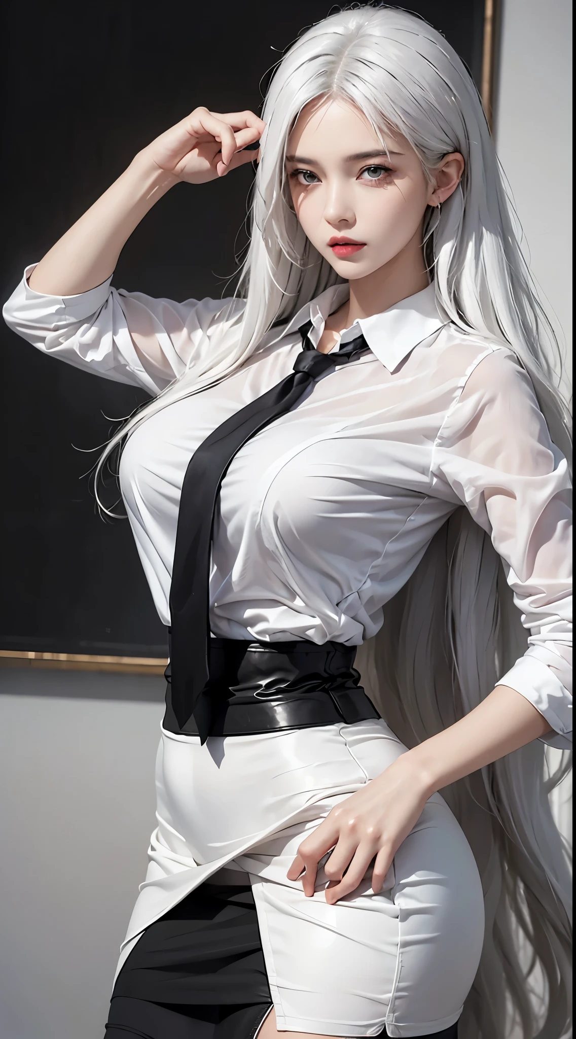 Photorealistic, high resolution, 1 woman, Hips up, Beautiful eyes, White hair, Long hair, ringed eyes, Collared shirt, black necktie,Black skirt, pencil skirts