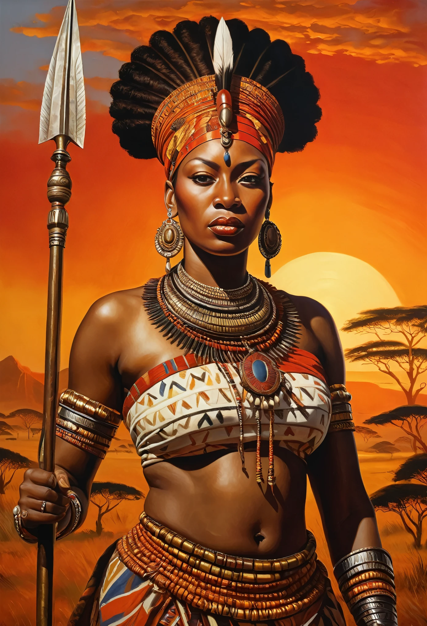 (masterpiece, UHD, highly detailed, oil painting, realistic, Greg Rutkowski style:1.3), Queen Nzinga, (17th-century African warrior attire:1.2), adorned with tribal jewelry, fierce expression, wielding a spear, African savannah background, setting sun, (warm hues of orange and red:1.2), detailed textures, rich colors, imposing presence, full body view, looking at viewer.