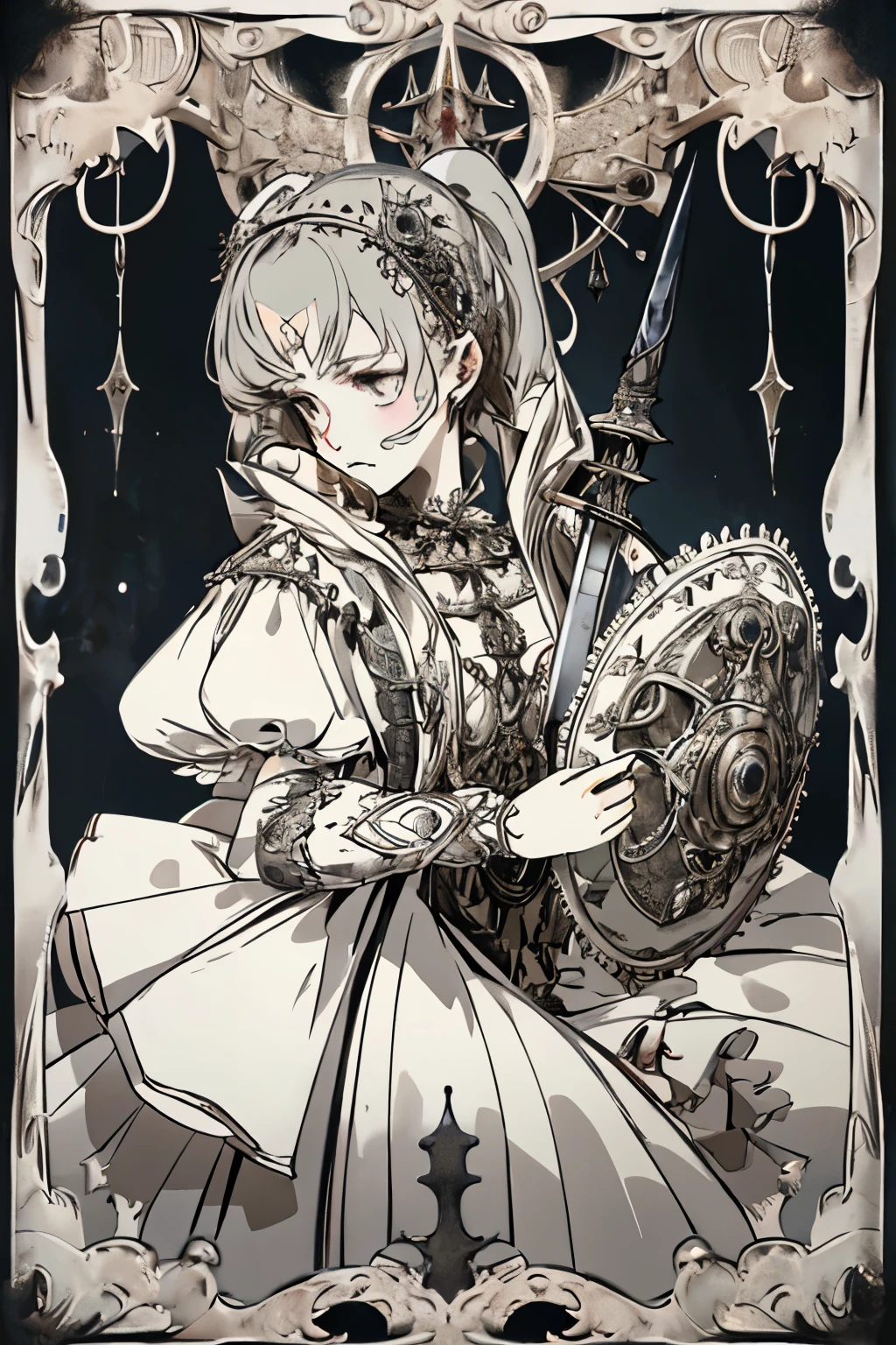 ((best quality)), ((masterpiece)), (detailed), blank white background, plain background, white background, Bloodborne inspired, occult aesthetic, occult, detailed and intricate steampunk and detailed gothic, (zentangle, mandala, tangle, entangle), NSFW, torn clothing, Very dramatic and cinematic lighting, cosmic horror, grim-dark, side-lighting, perfect face, a beautiful goddess adorned and enshrined in armour, Bloodborne inspired , occult aesthetic , occult , detailed and intricate steampunk and detailed gothic , wielding a sword and holding a shield, NSFW, Fluttering lace flared long knee length dress with frilly petticoats, knee length dress, pleated petticoats, lolita dress, petticoats gothic lolita, side-lighting, gothic lolita aesthetic, beautiful small breasts, small breasts, full body, whole body, body, plain background, white background, blank background, no background, white background NSFW, full body, whole body, head-to-toe
