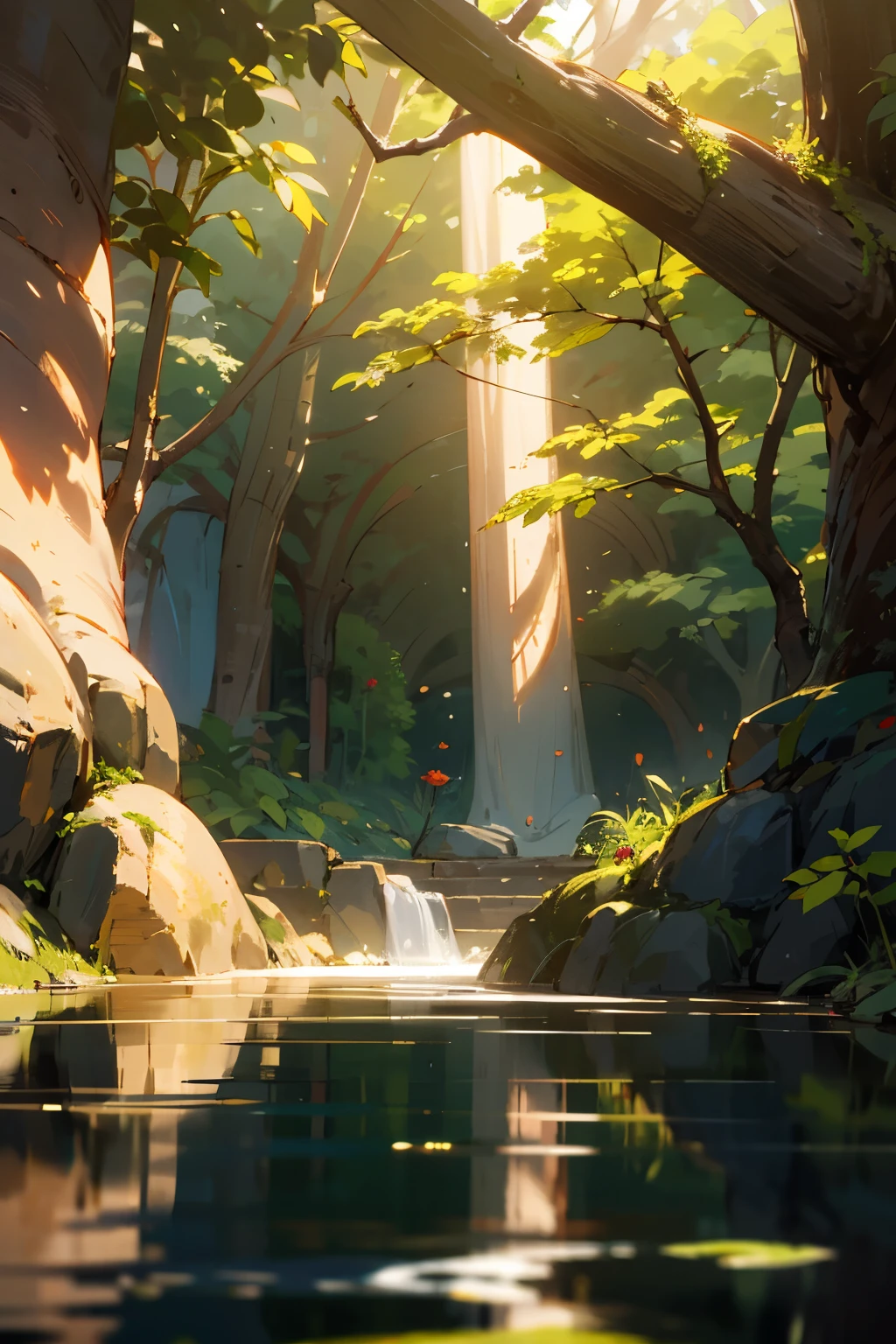 There is a small oasis inside a cave through an upper opening in the cave the light enters and manages to illuminate a tree that was inside the oasis. The tree is made of cherry trees and you can see that under the tree there is a small clearing of water where You can see the reflection of the golden light that enters the cave. The surrounding environment is a greenish environment full of flora. 