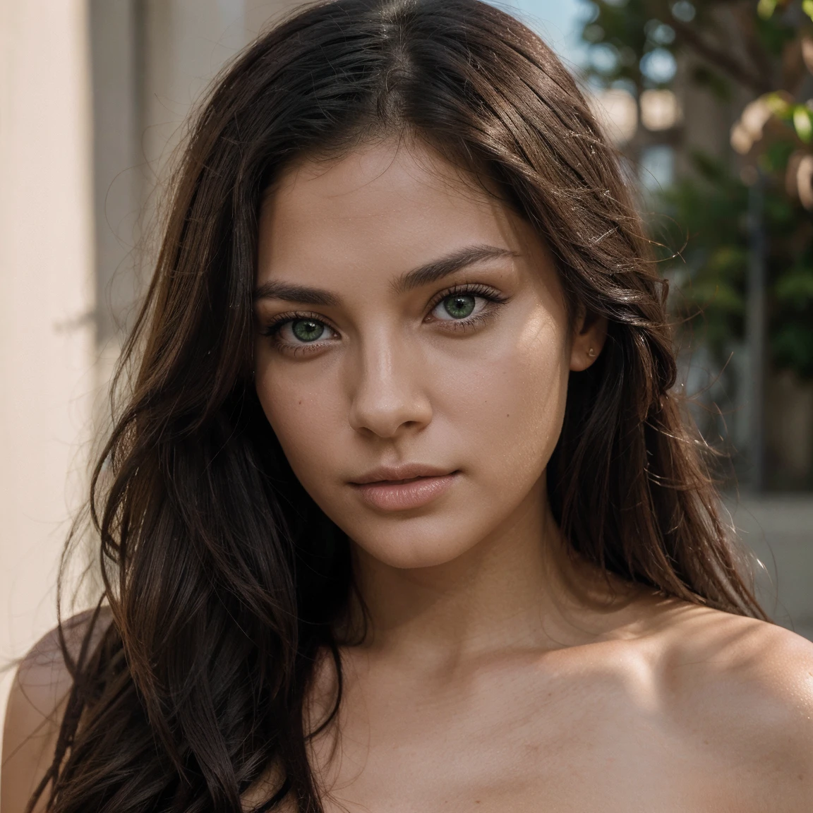 Very beautiful, in her mid-thirties, brunette, with black and long hair, wheat-skinned, green-eyed, attractive, full-lipped, long-lashed, slightly slanted-eyed, solo and only face, ultra-realistic, female portrait, high-resolution and high-quality, facing directly towards the camera with eyes looking at the camera.