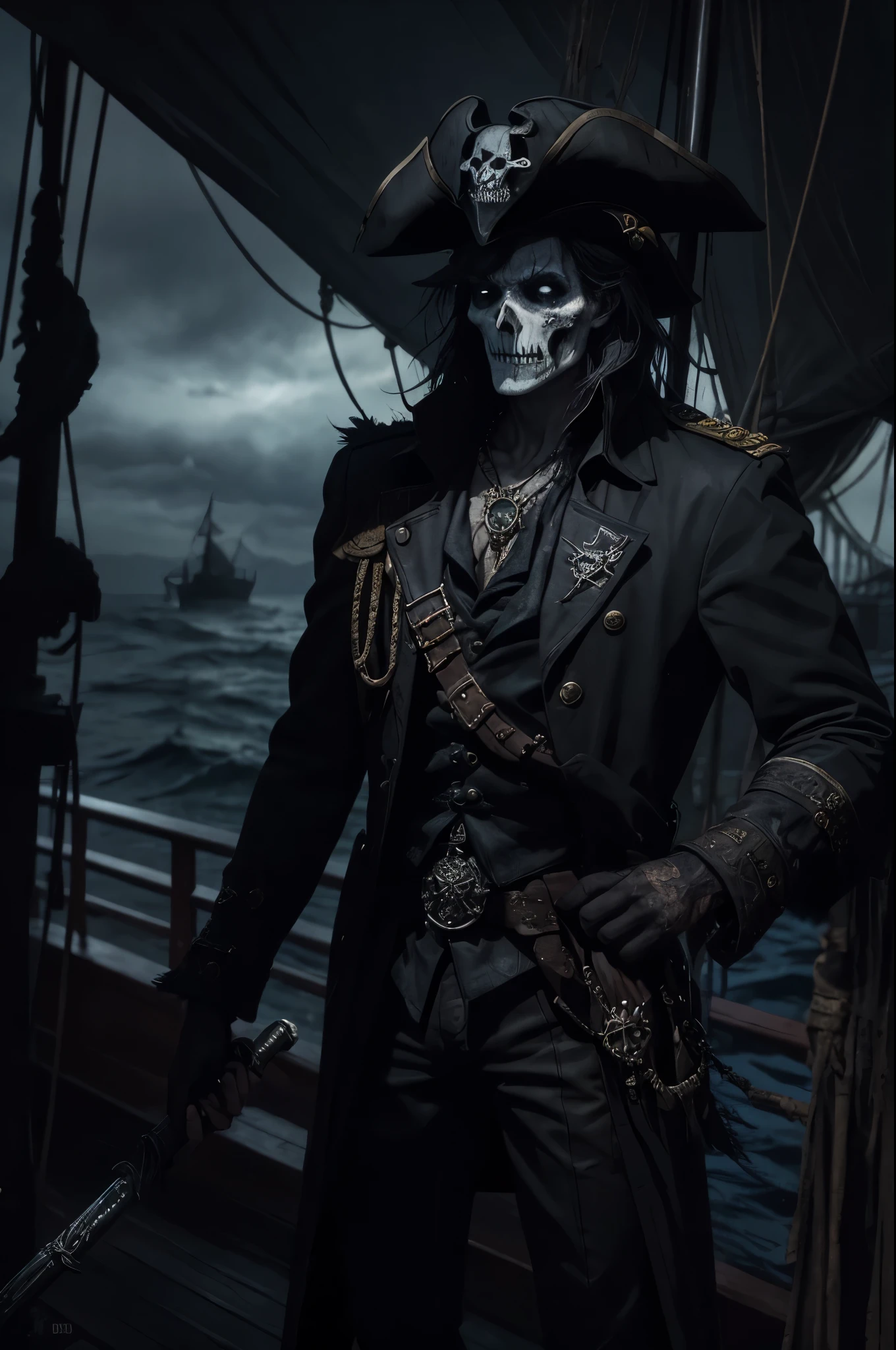 On the deck of a ghost ship that sails the moonlit seas, a zombie pirate, its flesh decaying yet imbued with a relentless curse, commands its phantom crew. Dressed in regal buccaneer attire, complete with a feathered hat, embroidered coat, and a rapier at its side, the captain is a ghastly figure of authority. The rich fabrics and detailed craftsmanship of its clothing starkly contrast with the horror of its undead form, creating a macabre tableau of piratical pomp. , the scene is captured in dimly lit dark fantasy but vibrant colors, with bold ink lines defining form against the watercolor wash of the aged paper