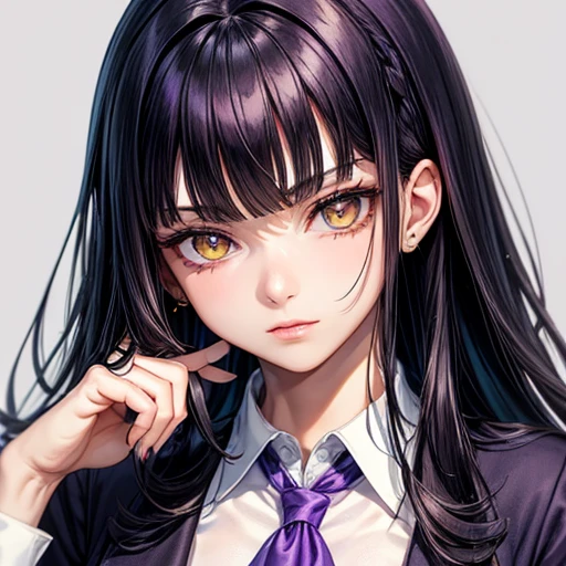 ((best quality)), ((masterpiece)), (detailed), perfect facea famale character , black hair, slightly dark purple, hair has bangs, yellow eyes,wearing a blue to purple one piece skirt , wearing a white long shirt . .her face is beautiful . not wearing a tie.