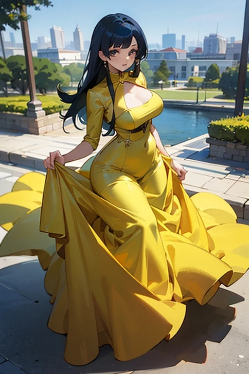 creates a 25-year-old anime girl in a yellow ballgown with wide hips and big breasts with a landscape of a park with tables