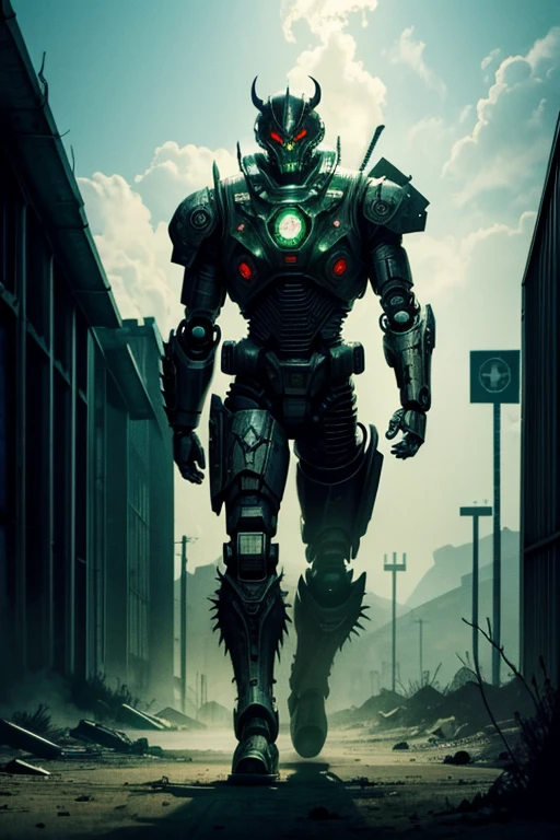 A robotic demon is walking ahead, green energy aura,infected, supernatural,highly detailed, 4k resolution, masterpiece,wasteland scenario, Druillet art,digital art


