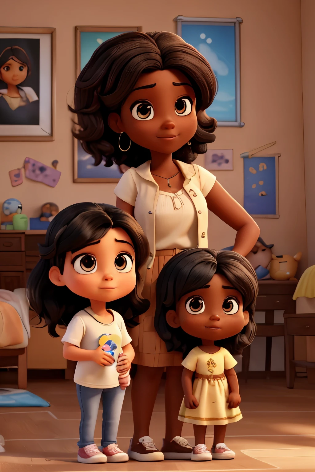 A Cartoon and Pixar style drawing of 4 people, one of them is a 20 year old with light skin,  de cabelos ondulados,ruivos e longos e olhos castanhos, the other is a 20 year old woman with dark skin, cabelo preto, liso e longo e olhos castanhos, the other is a 40-year-old woman with dark skin,long straight black hair and brown eyes and the other is a  with light skin thin straight brown hair and brown eyes, fazendo pose juntas felizes ao ar livre  