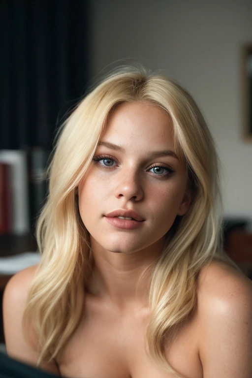 (Portrait, editorial photograph of a 24 year old woman), (highly detailed face:1.4) (big ) (blonde hair) (smile:0.9) (background inside bright, moody, private study:1.3) POV, by lee jeffries, nikon d850, film stock photograph ,4 kodak portra 400 ,camera f1.6 lens ,rich colors ,hyper realistic ,lifelike texture, dramatic lighting , cinestill 800,