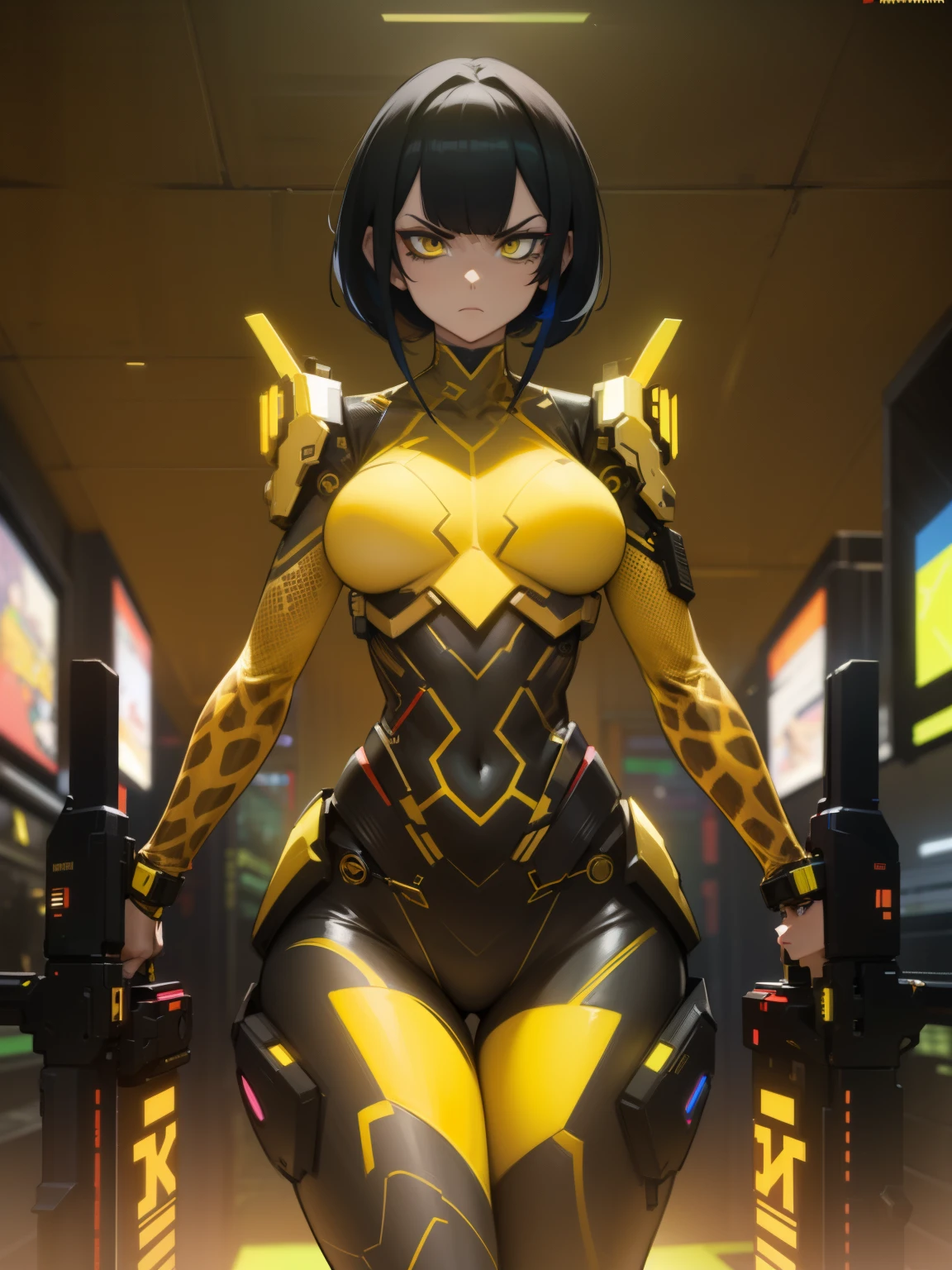 a (giraffe pattern outfit) yellow and black outfit,sword,beautiful cyberpunk woman,cyberpunk angry gorgeous goddess,beautiful cyborg girl ,hyper realistic,intricate details,cinematic lighting,vibrant colors,award winning,stunning,masterpiece