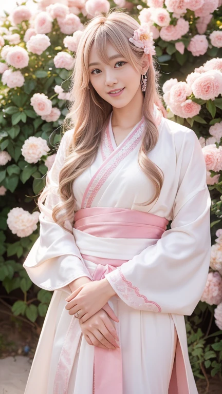 Extremely Detailed CG Unity 8k wallpaper，optimal lighting，super-detailed，best qality，Hi-Res，National style girl，pastel light，beautiful hair，Pink and white Hanfu costume，Open space，white silk，Bright Colors，He smiled，Stand in a sea of flowers