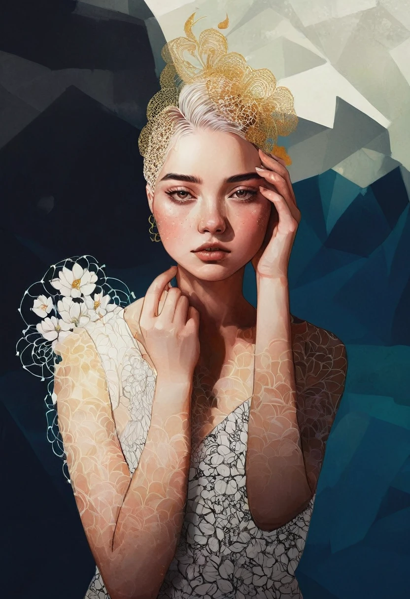 (ultra-detailed background, detailed background), absurdres, highres, ultra detailed, extremly detailed, 1girl, (bunch of flowers:1.3), (zentangle:1.2), (geometric:1.2),(colorful), chiaroscuro technique on illustration of an elegant oldies , wet hair, vintage, eerie, matte painting, by Hannah Dale, by Harumi Hironaka, extremely soft colors, vibrant, highly detailed, digital illustrations , high contrast, dramatic, refined, tonal, emotional expression, golden ratio
