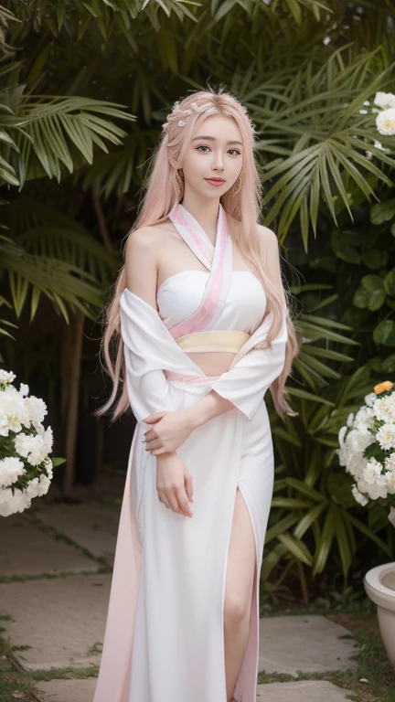 Extremely Detailed CG Unity 8k wallpaper，optimal lighting，super-detailed，best qality，Hi-Res，National style girl，pastel light，beautiful hair，Pink and white Hanfu costume，Open space，white silk，Bright Colors，He smiled，Stand in a sea of flowers