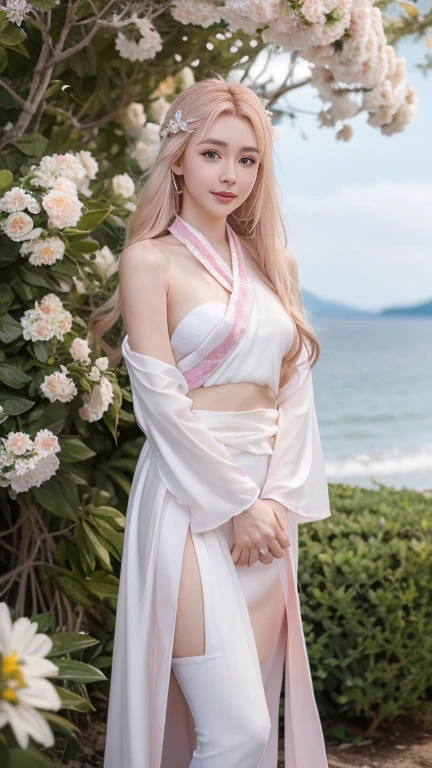 Extremely Detailed CG Unity 8k wallpaper，optimal lighting，super-detailed，best qality，Hi-Res，National style girl，pastel light，beautiful hair，Pink and white Hanfu costume，Open space，white silk，Bright Colors，He smiled，Stand in a sea of flowers