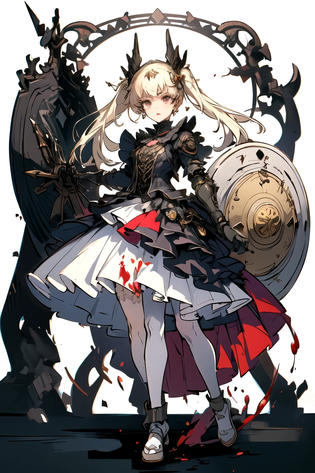 ((best quality)), ((masterpiece)), (detailed), blank white background, plain background, white background, Bloodborne inspired, occult aesthetic, occult, detailed and intricate steampunk and detailed gothic, (zentangle, mandala, tangle, entangle), NSFW, torn clothing, Very dramatic and cinematic lighting, cosmic horror, grim-dark, side-lighting, perfect face, a beautiful goddess adorned and enshrined in armour, Bloodborne inspired , occult aesthetic , occult , detailed and intricate steampunk and detailed gothic , wielding a sword and holding a shield, NSFW, Fluttering lace flared long knee length dress with frilly petticoats, knee length dress, pleated petticoats, lolita dress, petticoats gothic lolita, side-lighting, gothic lolita aesthetic, beautiful small breasts, small breasts, full body, whole body, body, plain background, white background, blank background, no background, white background NSFW, full body, whole body, head-to-toe