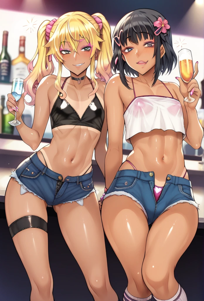 Score_9, score_8_up, score_7_up, rating:general, source_anime, couple, 2girls, twintails, ponytail, black hair, blonde hair, flat chest, hair ornament, smug face, long eyelashes, Gyaru, dark skin, dark-skinned female, makeup, pink eyeshadow, parted lips, tanned skin, shiny skin, metallic tan, oiled skin BRAKE camisole, crop top, sleeveless, short shorts, posing in bar, thighhigh socks, elbow groves, glass, drunk, blush, dim lighting,