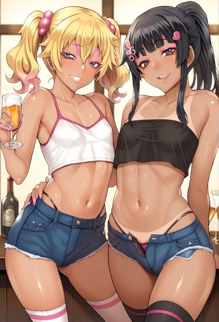 Score_9, score_8_up, score_7_up, rating:general, source_anime, couple, 2girls, twintails, ponytail, black hair, blonde hair, flat chest, hair ornament, smug face, long eyelashes, Gyaru, dark skin, dark-skinned female, makeup, pink eyeshadow, parted lips, tanned skin, shiny skin, metallic tan, oiled skin BRAKE camisole, crop top, sleeveless, short shorts, posing in bar, thighhigh socks, elbow groves, glass, drunk, blush, dim lighting,